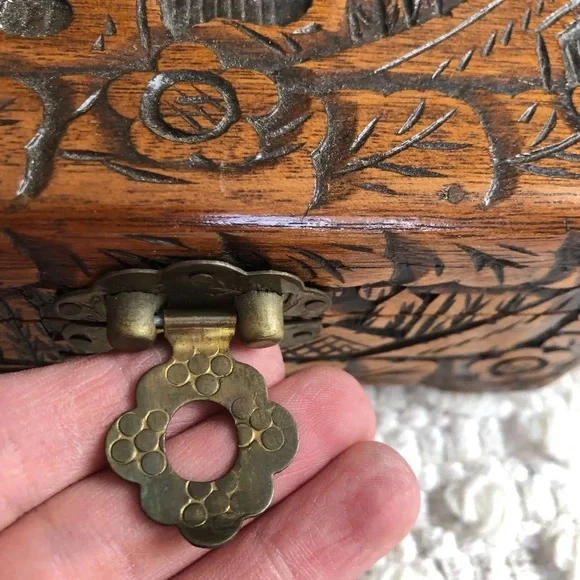 Antique Asian Scenes Hand Carved Ornamental Wood Box/Brass